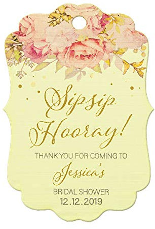 Summer-Ray 50pcs Personalised Sip Sip Hooray Champagne Mini Wine Bottle Wedding Bridal Shower Tags (Cream Linen)