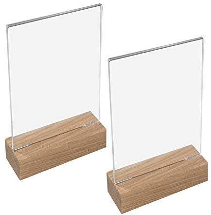 HMF 46940 Acryl Tischaufsteller mit Holzfuß | 2 Stück | DIN A6 Hochformat | Glasklar