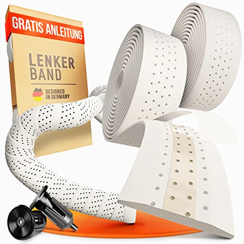 Kellago Langlebiges Profi Leder-Lenkerband [Griffband für Rennrad aus extra robustem und griffigem Kunstleder incl. Klebestreifen/Fahrrad ] (06 WEIß mit Endkappen)