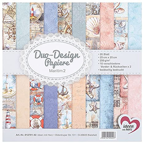 Ideen mit Herz Duo-Design-Papiere | Block mit 20 Blatt Bastelpapier | 25 x 25 cm | 250g/m² | beidseitig bedruckt | Designpapier, Motivpapier | ideal für Scrapbooking, Basteln (Maritim 02)