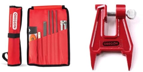 Oregon Universal-Kettensägen-Feilensatz, Kettensägen Schärfgerät Wartungssatz für Sicheres, Akku, Effizienteres Kettensägen schneiden (617067), Rot – gerollte Tasche & Feilbock einschlagbar, 26368A