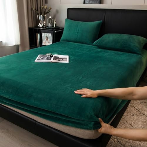 Boqingzhu Flauschige Plüsch Spannbettlaken 200x200cm Grün Dunkelgrün Fleece Flanell Cashmere Touch Spannbetttuch Winter Kuschelig Bettlaken für 25 bis 30cm Matraze