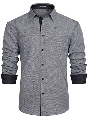 HISDERN Chemise Grise Homme Manches Longues Regular Fit Chemises Hommes Habillées de Marque Business Casual Chemise avec Poche Repassage Facile,Gris et Noir,XL