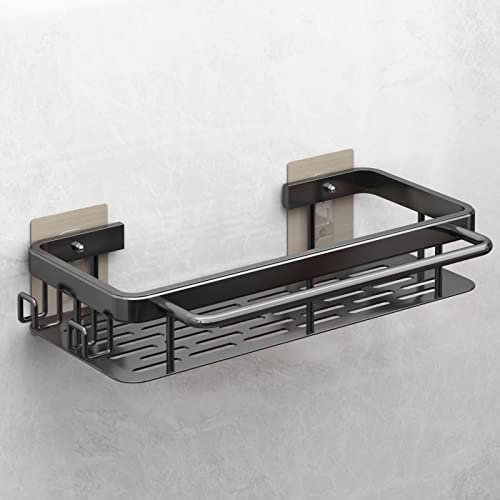 FOXWHALE Porte Eponge Evier Cuisine Organisateur, Auto-adhésif Étagère Rangement en Aluminium pour Savons, Éponges, Brosses, Multifonction Égouttoir avec 2 Crochets et Étagère à Serviettes, Noir