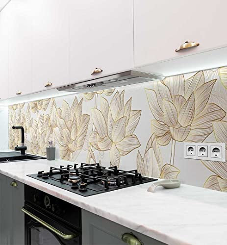 MyMaxxi Küchenrückwand Folie selbstklebend matt - einfache Montage ohne Bohren 0,4mm stark Versteift - Motiv Blumen Gold weiß 60cm hoch - Spritzschutz Küche Klebefolie ? Blüten Malerei 340 x 60cm