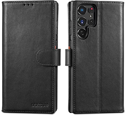 LENSUN Echtleder Hülle für Samsung Galaxy S22 Ultra, Handyhülle Echt Leder [Magnetverschluss][RFID] Handytasche Lederhülle für Galaxy S22 Ultra 5G - Schwarz