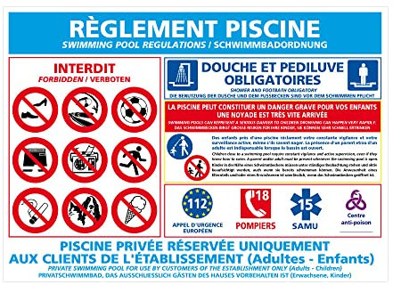 Signaletique.biz France Panneau Reglement Piscine Trilingue PVC 1,5 mm 600 x 420 mm pour Usage Interieur et Exterieur