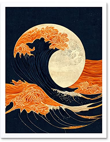 Wee Blue Coo The Great Wave at Full Moon Modern Japanese Seascape Woodblock Art Print Framed Poster Wall Decor 12x16 inch