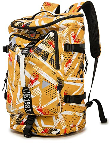 FUNYAGO Gym Rucksack Wandern Duffle Bag Frau Mann 40L Groß Wasserdicht Rucksack Geeignet für Wandern, Reisen, Bewegungsgeometrie Gelb, All code