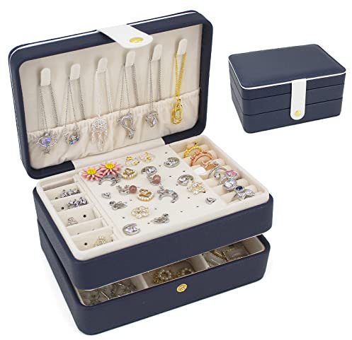Douzi Schmuckkästchen, kleiner Reise-Schmuck-Organisator, tragbarer Schmuckkoffer für Frauen, Mädchen, Geschenk, doppelschichtiger PU-Leder-Schmuckhalter für Ringe, Ohrringe, Halsketten - blau