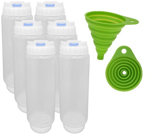 FIFO Quetschflasche nachfüllbar (6 Pack) Blauer Spender für dicke Gewürze, Zahnsteinsoßen, Rellish und Dressing mit flexiblem Trichter (blau)