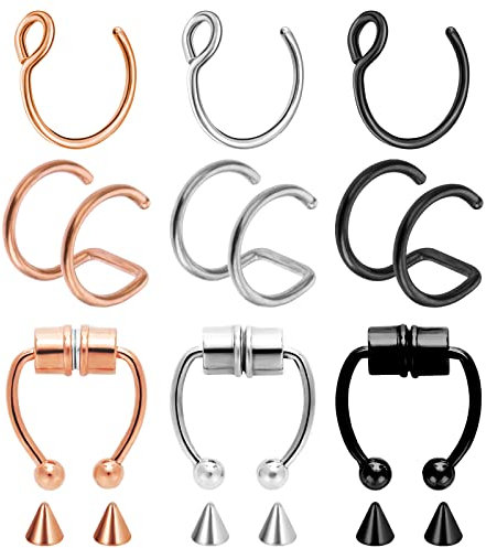 Yolev 9Pcs Septum Piercings Stainless Steel Magnetic Nose Ring Fake Nose Ring Horseshoe Fake Septum Ring Faux Nose Rings for Women Fake