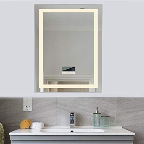 Drumm Miroir de salle de bain éclairé avec LED, 80 x 60 cm, haut-parleur Bluetooth intégré, luminosité réglable, miroir de coiffeuse anti-buée, avec interrupteur tactile