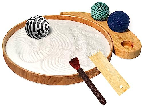 Japanese Zen Garden Kit 9.5'' Bamboo Sand Tray,3 Resin Stamp Spheres,Mini Zen Garden Rakes,and Zen Decor, Perfect Meditation Accessories and Gifts for Mindful Living