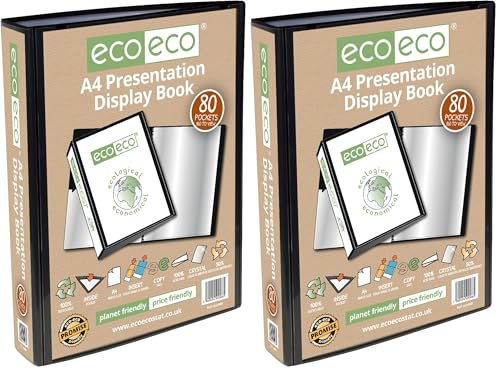 eco-eco A4 Size 50% Recycled 80 Pocket Black Presentation Display Book, Storage Case Portfolio Art Folder with Plastic Sleeves (Pack of 2)