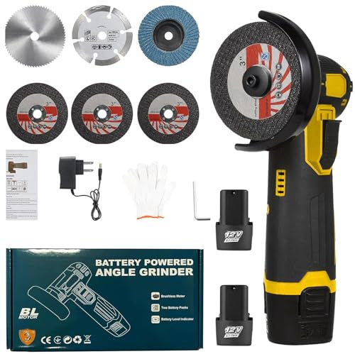 VTWTV Cordless Brushless Mini Angle Grinder Kit, Grinding Disc 3in/76mm, 19500rpm Mini Lightweight Electric Grinding Tool Handheld Cutter with 2 PCS 12V1500mAh Batteries & 6PCS Cutting Discs