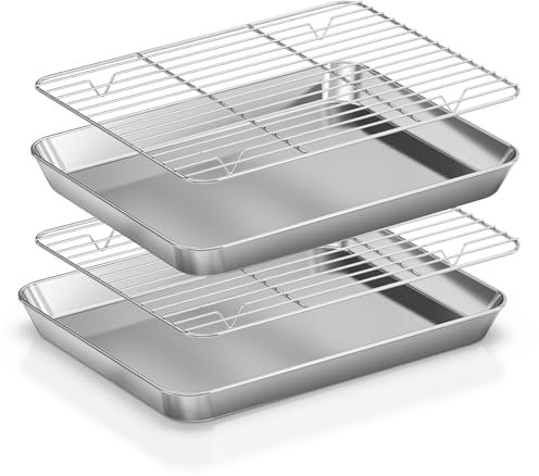 Fire More Juego de Bandeja para horno acero inoxidable con rejilla de enfriamiento,(2 bandejas para hornear, 2 rejillas de enfriamiento),no tóxicas,acabado espejado(31,5x24,5x2,5cm)