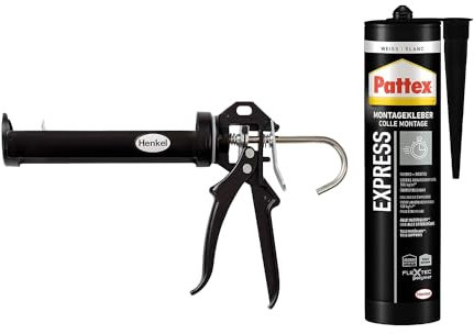 Pattex Montage Express, starker Montagekleber für schnelle Verklebungen, Baukleber mit starker Anfangshaftung, Weiß (1x440g) & Pattex Profi Metall Kartuschenpistole