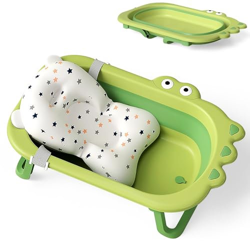 Hibtn Baby Crocodile Bathtub,Foldable Bath Tub Collapsible Bathtub with Baths Support Cushion Pad Seat Mat, Baby Bath Essentials for Newborn, Anti-Slip Infant Tubs Soft Bathing for 0-3 Years