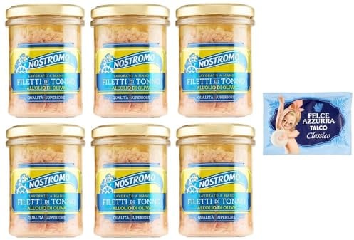 6er-Pack Nostromo Thunfisch Filetti di Tonno all'Olio di Oliva,Thunfischfilets in Olivenöl,180g Glas + 1er-Pack Kostenlos Felce Azzurra Talkumpuder, 100g-Beutel