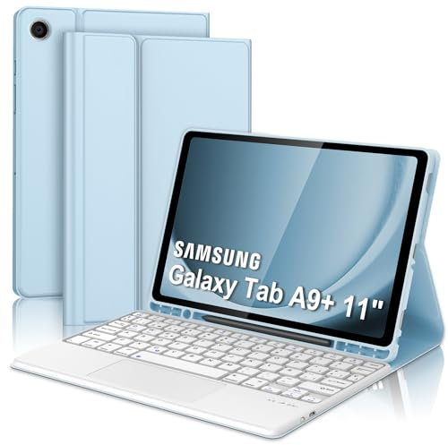 JADEMALL Funda con Teclado Táctil para Samsung Galaxy Tab A9+ 11'', Teclado Trackpad Bluetooth con Funda y Portalápices para Samsung Galaxy Tab A9Plus 11 Pulgadas 2023(SM-X210/X216/X218), Azul Claro