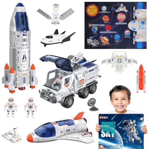 deAO Cohete Juguete para Niños, Nave Espacial con Astronauta Rover y Tapete Sistema Solar, Juguete Educativo Stem con Luces y Sonidos, Regalo para Niños y Niñas de 3 4 5 6 Años