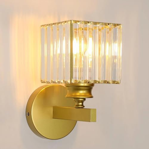 Comely Kristall Wandleuchte für den Innenbereich, Goldene E27 Wandlampe, Kristallwandleuchte Innenwandleuchte für Schlafzimmer, Wohnzimmer, Esszimmer, Flur (ohne Leuchtmittel)