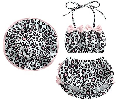 Carolilly 3 Pezzi Costume da Bagno Neonata Estate Stampa Frutta Top Senza Maniche+Pantaloncini+Cappello Bikini Set Bambina da Mare Spiaggia Piscina (Leopardato, 6-12 Months)