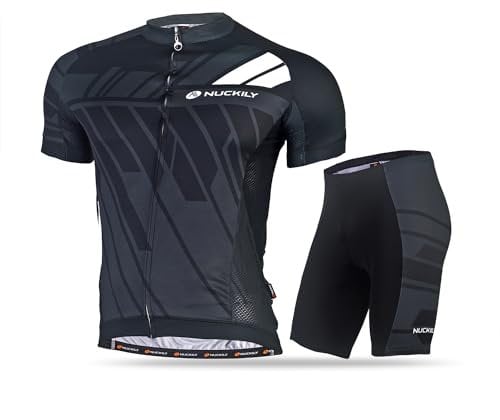 NUCKILY Herren Radtrikot Fahrradbekleidung Sets Atmungsaktiv Kurzarm Trikot mit 3D Kurz Professionelle MTB Radanzüge, Schwarz , L