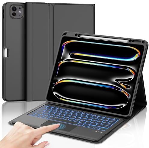 IVEOPPE Teclado para iPad Pro 13 2024 13 Pulgada con Touchpad, QWERTY Español Ñ, Retroiluminado de 7 Colores Bluetooth Magnéticamente Trackpad Funda Teclado para iPad Pro 13 M4, Negro