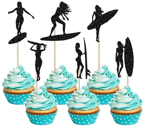 Xsstarmi 24 Pack Surfing Cupcake Toppers Glitter Summer Theme Surfboard Sport Cupcake Picks Surf Board Party Cake Decorations for Surf Theme Baby Shower Kids Birthday Party Decorations Black