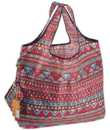 ECO CHIC Foldable Reusable Large Recycled Grocery Bags Lightweight Shopping Tote Bags with Storage Pouch (Aztec Pattern)
