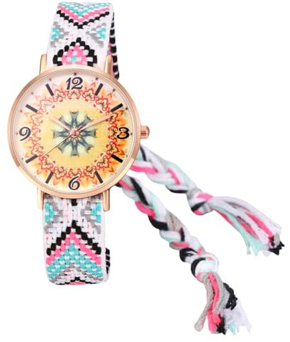 JewelryWe Damenuhr Boho Blumen Uhr: Bohemian Stil Bunt Verstellbar Geflochten Seil Armband aus Baumwolle Analog Quarz Armbanduhr Damen Lässige Uhr mit Rundem Blumendruck Zifferblatt, Rosa Schwarz Weiß