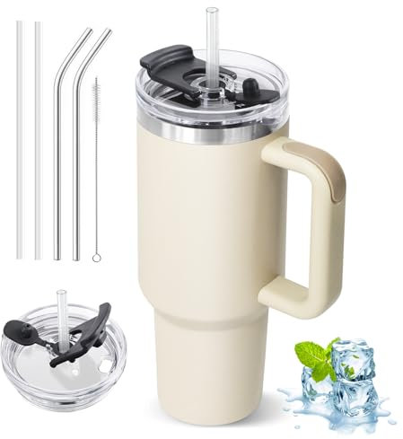 ZAKVOP Mug Isotherme avec Paille, 1200ml Tasse Isotherme avec Poignée et Couvercle, Gobelet Travel Mug Tumbler avec Couverture Multifonction