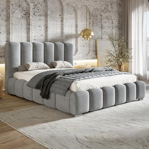 MOTIVENA Grand Bubble Bett 160x200, Polsterbett 160x200 Samt, mit Bettkasten, mit Stauraum, mit Lattenrost, mit Kopfteil, Matratze H3/H4, Grau Hellgrau