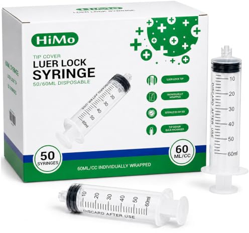 50 Pack 60mL Luer Lock Syringe without Needle Large Plastic Sterile Syringes with Cap 50mL/60cc
