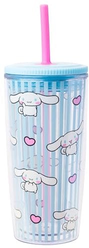 Silver Buffalo Sanrio Hello Kitty and Friends Cinnamoroll Hearts and Blue Stripes Plastic Cold Cup with Lid and Straw, 20 Ounces