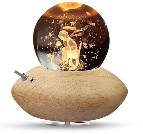 BIAOQINBO Caja de música con bola de cristal 3D, con luz nocturna y luz nocturna con luz de proyección cálida, base de madera, caja de música giratoria K9, para Navidad, cumpleaños (Principito y Rosa)