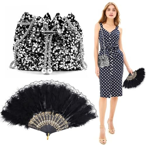 1920er Accessoires Damen, Charleston Accessoires, Retro Handfächer Damen + Elegante Gatsby Damentasche,Glitzer, Charleston, 20er Jahre, Karneval, Halloween, Fasching, Mottoparty, Theater