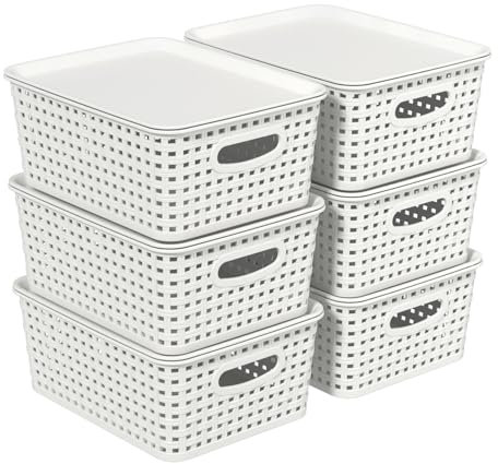 Ziglous 6-Pack Plastic Storage Baskets with Lids, Small Weave Basket Box with Handle for Bathroom, Kitchen, Office, White