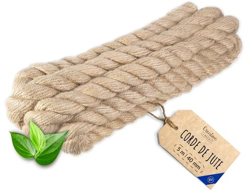 Creative Deco 5m Corde de Jute Epaisseur 40mm | Personnalisation Possible Tous Les 5m | Corde Solide et Durable | Torsadé en Fibres Naturelles | Bricolage, Balustrade, Jardin et Maison