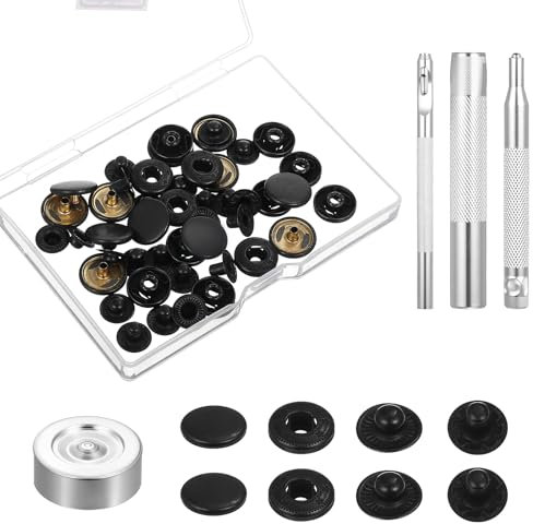 Ouligay 12 Set Druckknöpfe mit Werkzeug 15mm Metall Swarchz Kleidung Druckknopf mit 4 Druckknöpfe Installationswerkzeuge Messing Druckknopf für Bekleidung Schuhe Hutstoffe Jeans Canvas Jacken