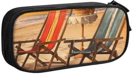 ULKMFFCF Bedrucktes Federmäppchen mit Strandkorb-Szenen, schwarz – niedliche Schüler-Schreibwaren-Tasche mit Reißverschluss für Schule, Büro, Reisen und Make-up, Schwarz , Einheitsgröße, Schulranzen
