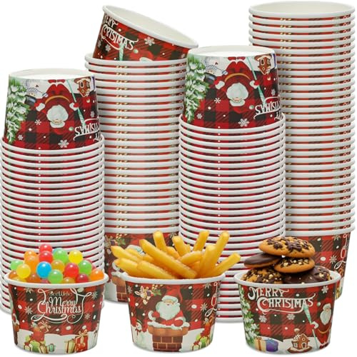 Hegbolke 50 ciotole natalizie per snack e snack, 255 ml, bicchieri di carta a quadri rossi e neri, per feste, dessert, torte, caramelle, feste di Natale