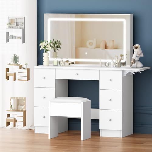 ALFORDSON Schminktisch mit Beleuchtung, HD-Spiegel, 7 Schubladen, Weiß | Großer Makeup Tisch 125,3Bx37Tx137H cm, 3 Lichtmodi zu wählen, klappbarer Seitenplatte, Steckdose, Hocker fürs Schlafzimmer
