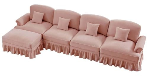 UIHECTA Jahrhundertmitte Moderne Bequame Wolken Couch, Modulare Eckcouch mit Beweglichem Hocker, Abnehmbarem Rock & Eleganten Ausgestellten Armlehnen, für Büro Wohnzimmer,Rosa,4Seat+1Ottoman