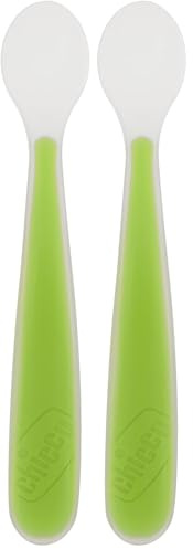 Chicco Cucchiaio in Silicone Per Bambini, Morbido Silicone, Punta Flessibile, Impugnatura Lunga ed Ergonomica, Cucchiaino Per Bambini, Cucchio Svezzamento, 6 Mesi+, Verde (Confezione da 2)