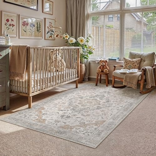 PureCozy Beige Vintage Teppich 80x150cm, Waschbarer Kurzflor Teppich für Wohnzimmer Living Room, Retro Orientalischer Teppich, rutschfest & Weich für Küche, Schlafzimmer, Büro