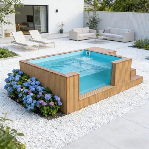 Moderna piscina elevada con pared de vidrio transparente y acabado de madera de teca, elegante piscina de inmersión para relajación y entretenimiento en el patio trasero de alta gama