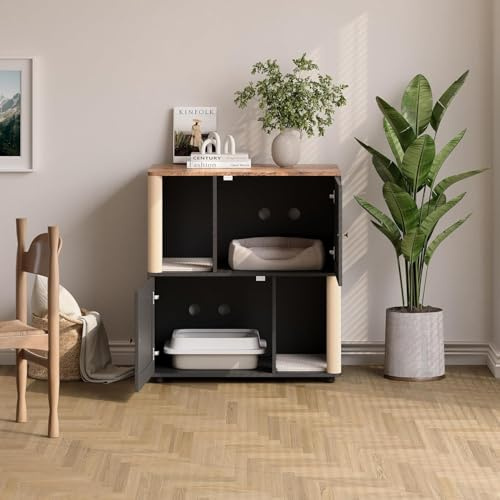 Cat Litter Box Enclosure for 2 Cats – 80x50x88cm Wooden Cat House Side End Table with Scratching Posts and Double-Layer Mat, Hidden Litter Box Furniture for Bedroom & Living Room (Black)